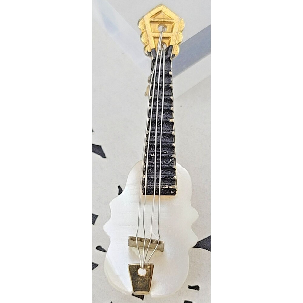 Vintage Hand Carved Mother of Pearl 🎸 Guitar Gold Tone Brooch Pin 2"
